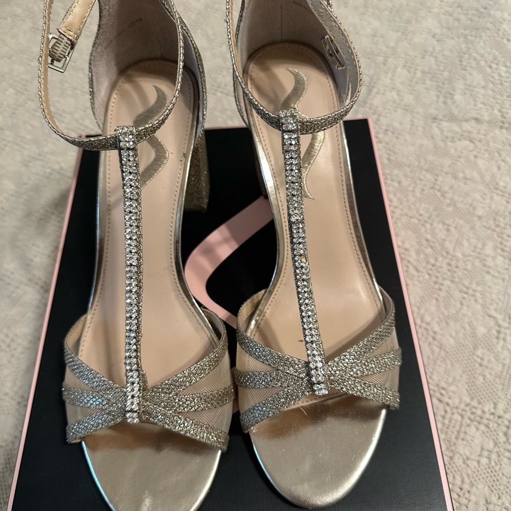 Nina Gold T-Strap Rhinestone Block Heel Sandals